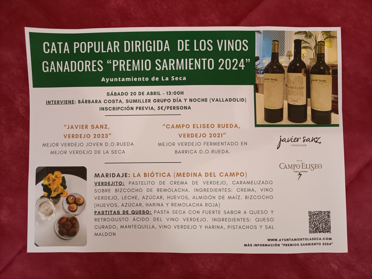 Premios Sarmiento 2024 en la #FiestadelVerdejo de La Seca. Desde las 13.00 h. Cata degustación de vinos ganadores: @js_viticultor @CampoEliseoWine y productos de La Biótica de @alimentosVALL. Tickets: 5€ desde las 12.00 en la carpa del Ayuntamiento de La Seca.