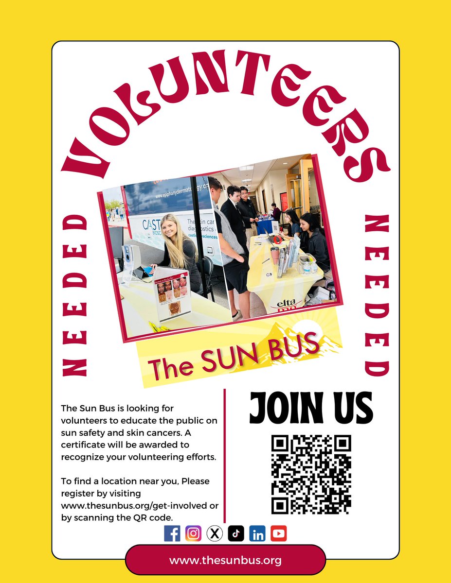 Help us eliminate skin cancers! The Sun Bus ☀️🚌 is seeking Volunteers to join our team for the current tour & community events across the U.S. Interested? Message us at 📧 admin@thesunbus.org or scan the QR code to sign up!🌍 #VolunteerOpportunity #NationalVolunteerWeek