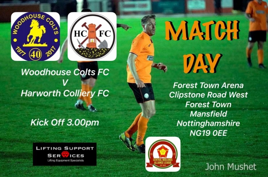 🧡 First Team Away 🖤
🆚 @fc_woodhouse
🏆 @CentralMidsAll 
⏰ 3.00pm
🏟 Forest Town Arena
📍 NG19 0EE
#VivaColliery