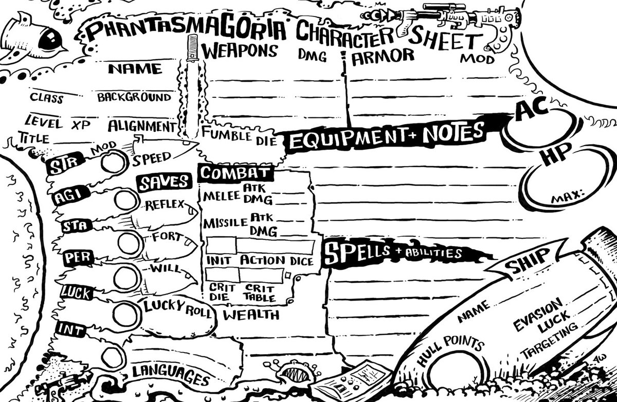 Here's a character sheet I did for the Phantasmagoria zine, which is based on #DCCRPG. Pretty cool, I think. This is old now... but so am I.