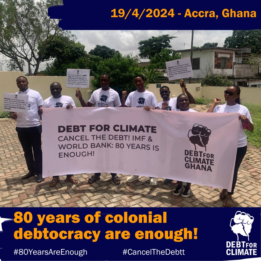 🔊<a href="/Debt4climategh/">Debt for Climate Ghana</a> at <a href="/ugbsofficial/">UGBS</a> in Accra to say they can't pay debt and fight #climatechange!   

Ghana's caught in a debt trap. We need the <a href="/IMFNews/">IMF</a> &amp; <a href="/WorldBank/">World Bank</a> to #CanceltheDebt 

#80YearsAreEnough