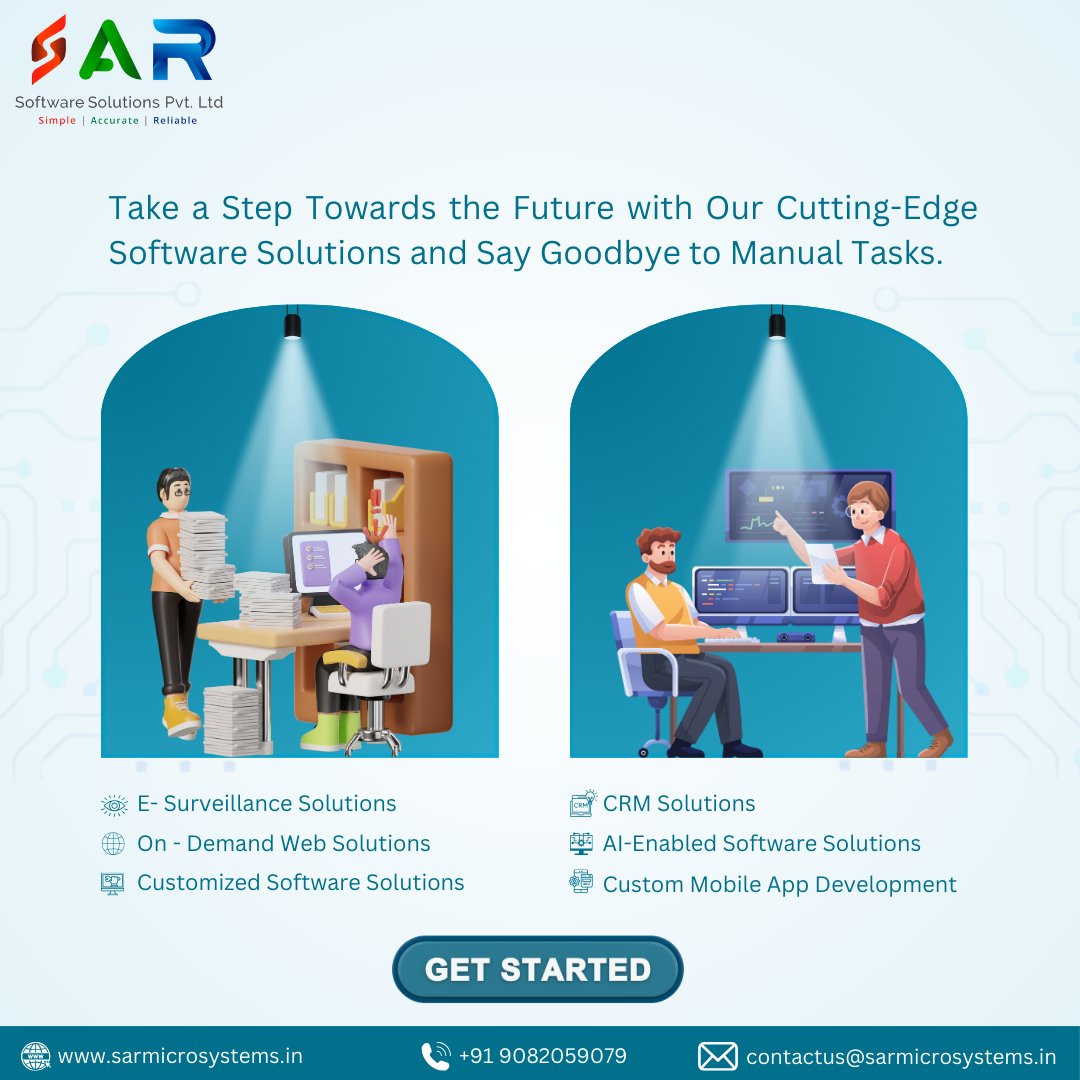 Take a Step Towards the Future with Our Cutting-Edge Software Solutions and Say Goodbye to Manual Tasks.

#sarsoftwaresolutions #softwaredevelopment  #NoMoreManual #ESurveillance  #CRMSoftware #CustomWebDevelopment #CustomizedSoftware #AIEnabledSoftware #CustomMobileDevelopment