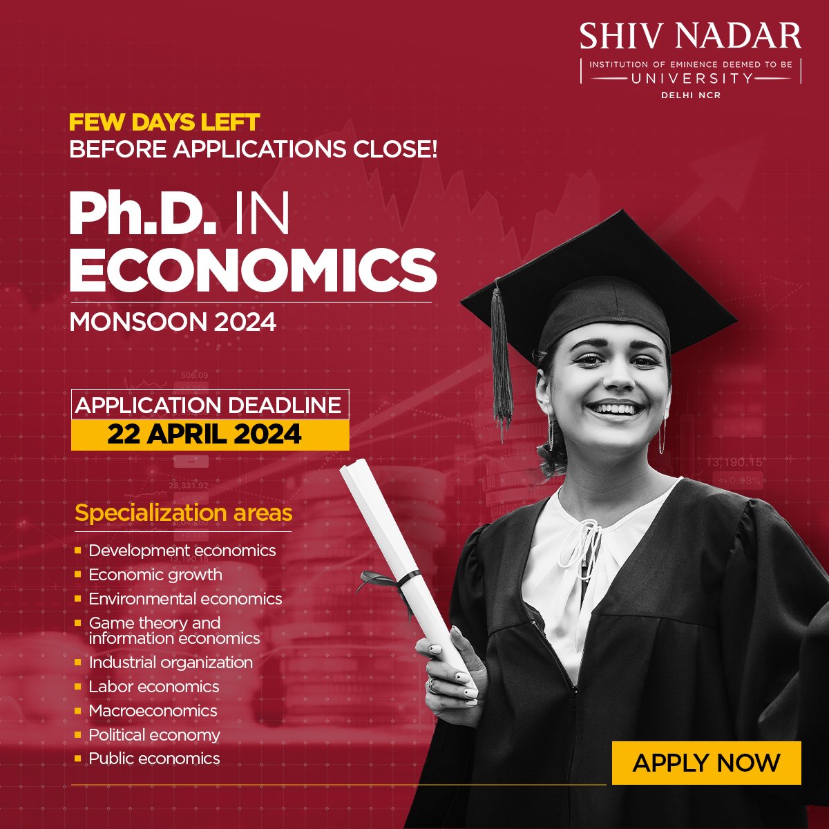 Admission to the Ph.D. in Economics program closes soon! Join a dynamic community of scholars guided by faculty whose areas of research and expertise include development economics, economic growth, environmental economics, game theory and information economics, industrial