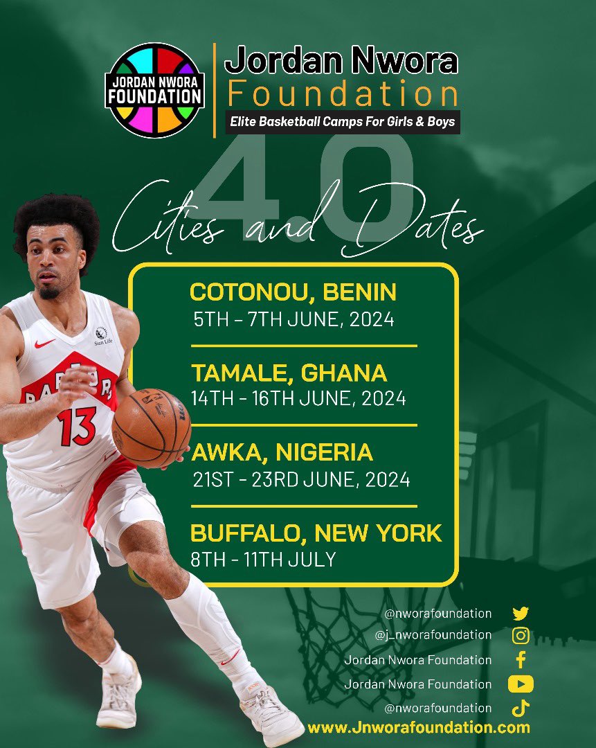 JNF is releasing dates/ venues for 2024 basketball camps Jordan Nwora Foundation relies on the power of sport to improve the lives of underprivileged  children in the USA and abroad. All African Camps are FREE For Support Visit :jnworafoundation.com @Raptors @FIBA