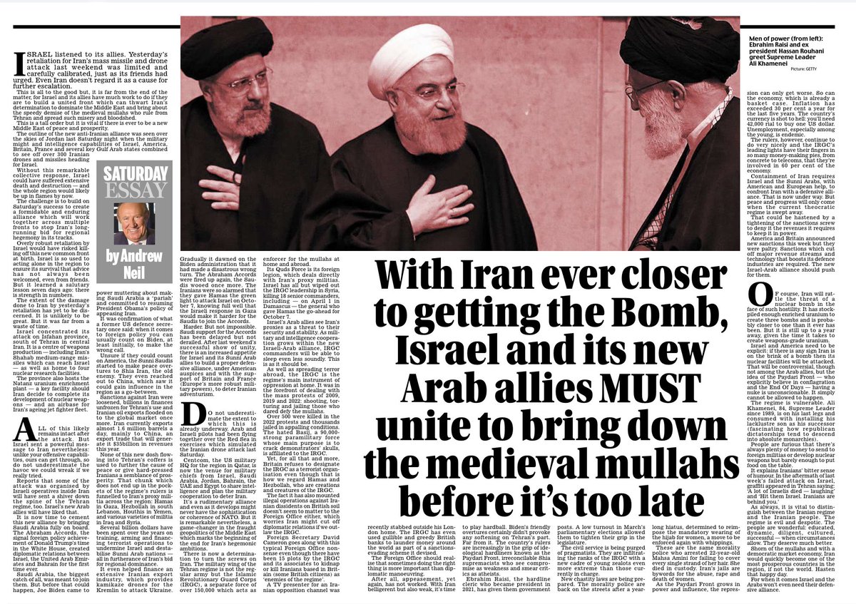 Superb article by @afneil highlighting the essential nature of the anti-Iranian alliance in thwarting Iran’s intentions to dominate the Middle East. The importance of this alliance was witnessed last Saturday evening as missiles and drones made their way towards Israel.