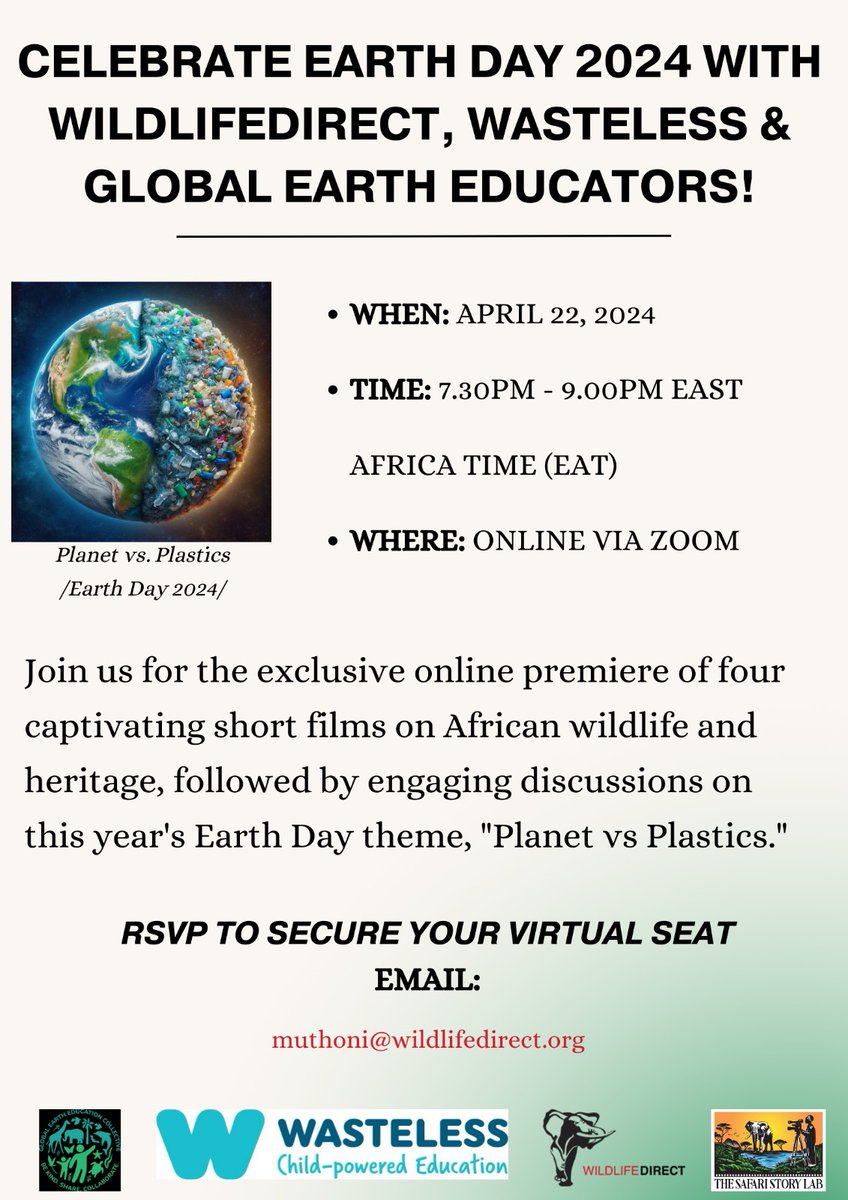 Join us for an exclusive online premiere of four captivating short films on African Wildlife and heritage followed by engaging discussions as we celebrate this year's Earth Day on April 22. #EarthDay2024 To register, kindly fill the form below forms.gle/epkigVyaqnSGu4…