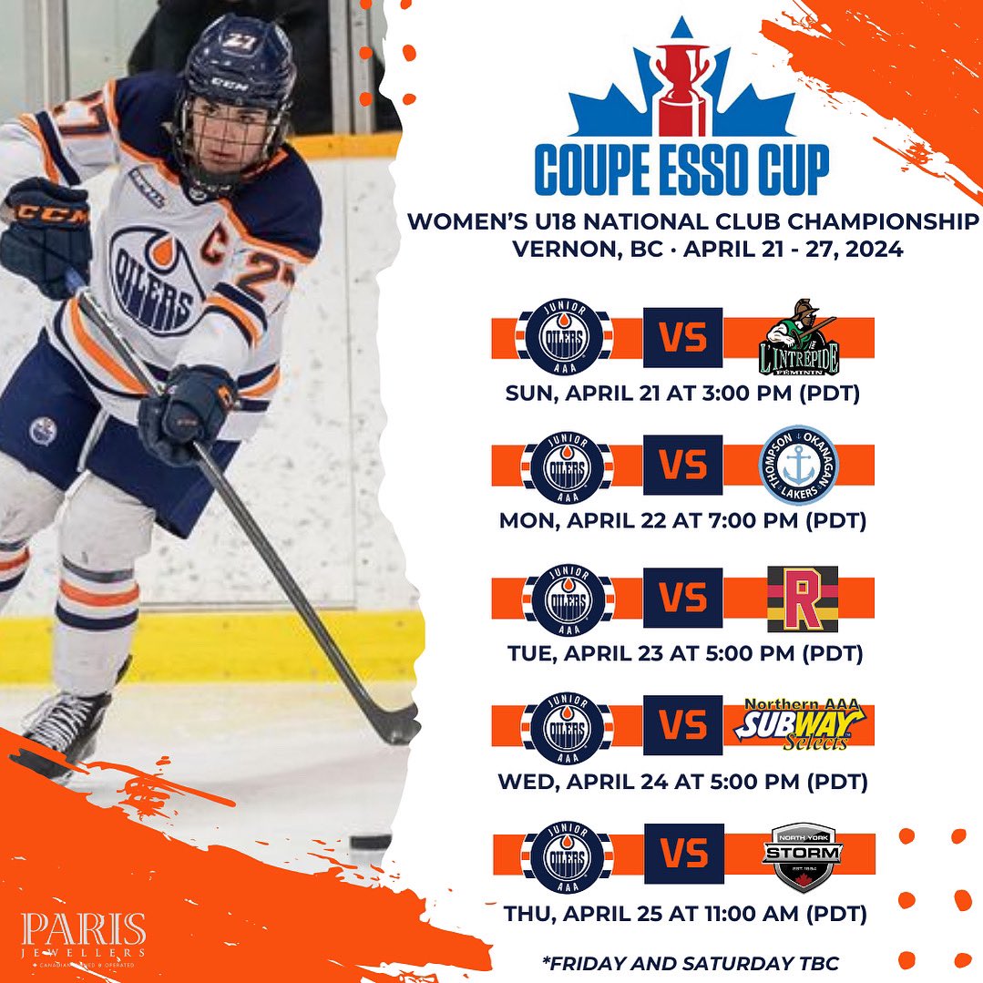 jroilerswhite's tweet photo. It all comes down to this 🏆🍁

Junior @edmontonoilers White are the Pacific Region representatives at @hockeycanada’s Women’s U18 National Club Championship in Vernon, BC, April 21-27. Let’s bring it home, girls! 🤍🧡💙

Thank you to @ParisJewellers for their support 💎 https://t.co/ejc0XZ4HY4
