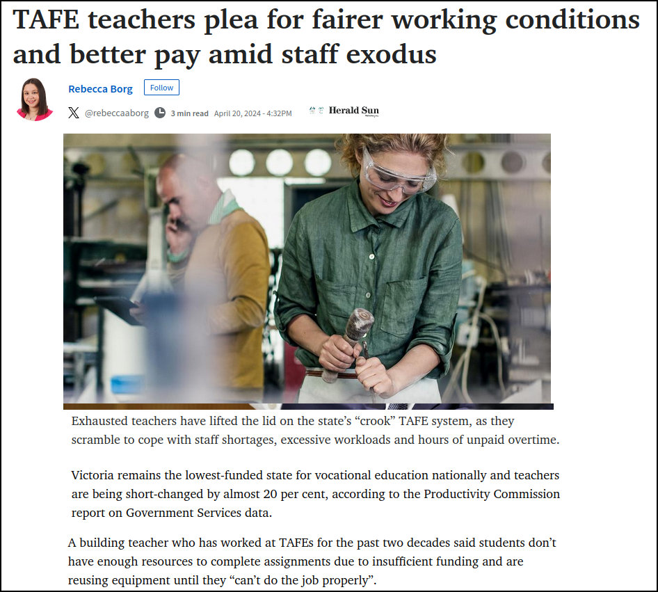 Daniel Andrews & Jacinta Allan claimed to have turned Victoria into 'the education state'. They lied. Schools are crumbling and TAFE has been labelled as 'crook' by its teachers. Victoria provides the lowest funding for vocational education compared to other states. #springst