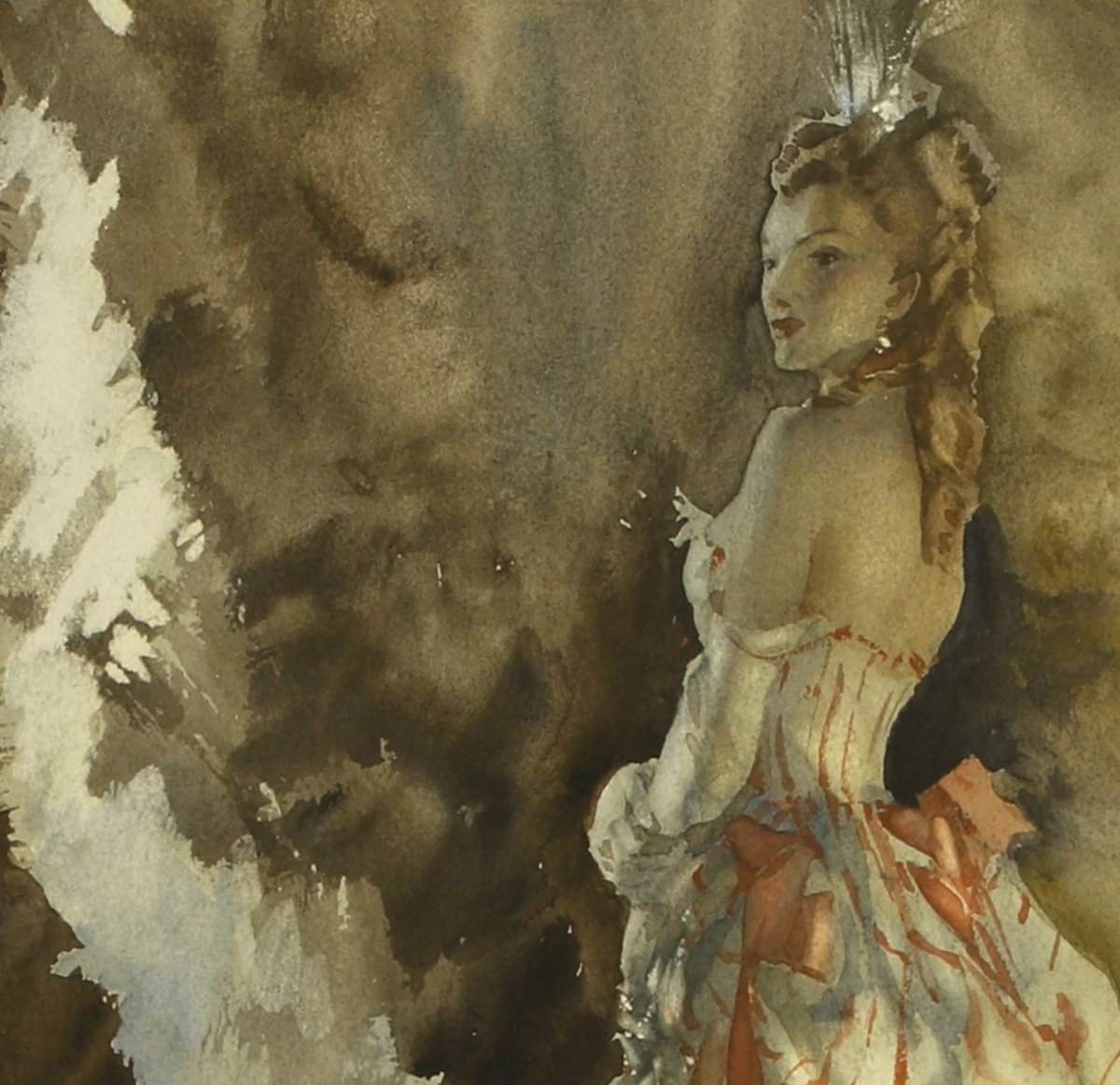 Detail from 'Curtain Call' by Sir William Russell Flint RA ROI (1880-1969) Signed 'W. Russell Flint' lower right Watercolour, 16 x 12 inches #SirWilliamRussellFlint #williamrussellFlint #flint #watercolour