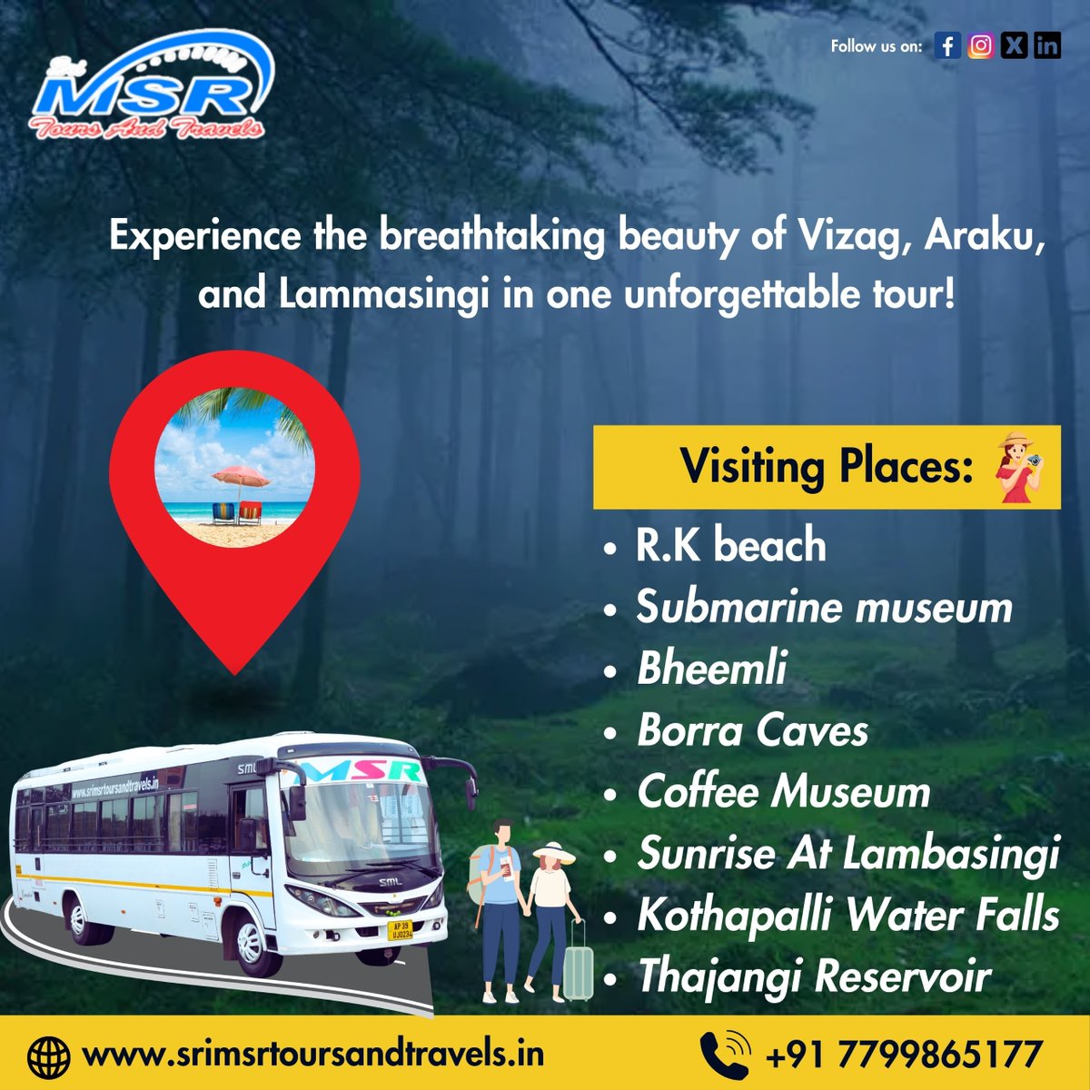 'Experience the breathtaking beauty of Vizag, Araku, and Lammasingi in one unforgettable tour with Sris Tours and Travels! 🚌🌄

Book your tour now at sristoursandtravels.in or call +91 7799865177. Don't miss out on this amazing opportunity! 

#VizagTour #ArakuValley
