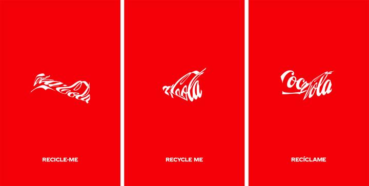 Coca Cola recycle campaign, using crushed Coke cans & distorted Coke logos to convey its message. Works for a brand as recognised as Coke. The Coke red helps with the recall. Won't recommend this approach for a new brand or one that doesn't have high recall or recognisability.