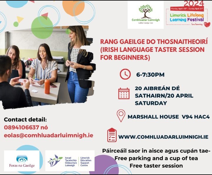 Our good friends in @ComhluadarL are running a Beginners Session this evening at 6pm for anyone interested in trying to learn Irish. 
Details below - Marshal House is opposite the Crescent Comp Secondary School.
#Limerick #Gaeilge #TrySomethingNew