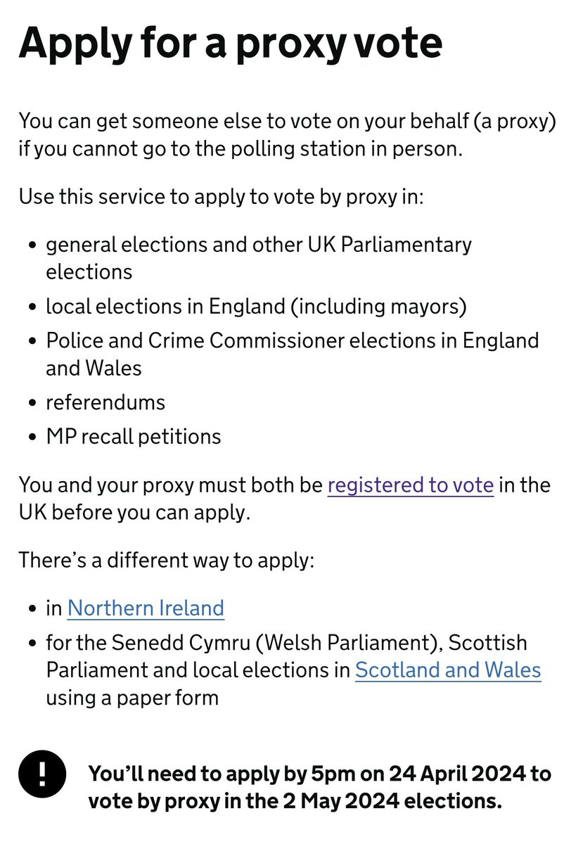 Just set up my proxy vote as I won't be in town to do my civic duty. You have until 5pm on 24 April. Please share and RT 🗳️gov.uk/apply-proxy-vo…