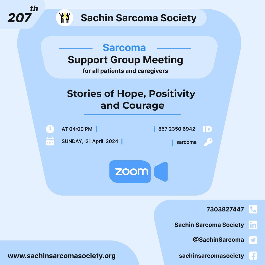 🎗 Join us for the 207th #SupportGroup Meeting organized by the @SachinSarcoma on April 21st via Zoom! Patients will share their stories of hope, positivity, and courage. Let's come together to build #companionship and #support each other. #sarcoma #cancer