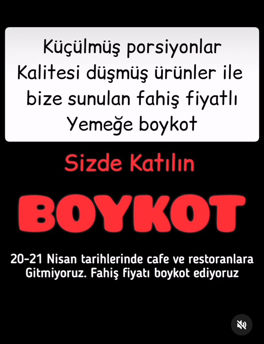 BOYKOT‼️
Tüketimden gelen gücümüzü kullanarak enflasyonu bahane edip, millete kalitesi düşürülmüş, porsiyonu küçültülmüş fahiş fiyatla yemek satan Cafe, Restaurant ve Baklavacıları Ülke genelinde ve Gaziantep'te BOYKOT ediyoruz.
Fırsatçılara meydan vermeyelim!
#fahişyemeğeboykot