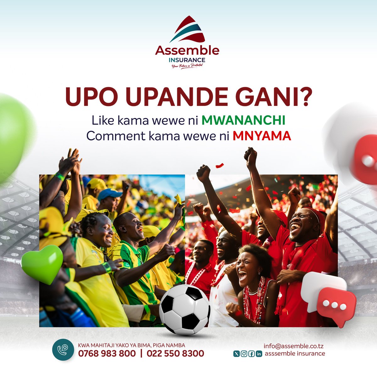 assembletz's tweet photo. Kama kweli wewe ni MWANANCHI🔰fanya Ku-Like kuashiria ushindi mkubwa leo. 

Na kama wewe ni MNYAMA🦁 basi Comment kuonesha leo kwa Mkapa hatoki mtu.

#AssembleInsuranceTanzania #AssembleInsurance #KariakooDerby #EnjoySoccer #Michezo #Simba #Yanga #YangavsSimba https://t.co/nRpfushVB0