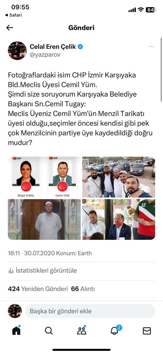 Bu Tweet’i 30.07.2020 tarihinde paylaşarak CHP’nin o dönem Karşıyaka şu an Büyükşehir Belediye Başkanı olan Cemil Tugay’a Belediye Meclis Üyesi Cemil Yüm’ün Menzil Tarikatı bağlantısını sormuştum.Bir yalanlama yanda açıklama yapılamadı. Ama Cemil Yüm yeniden Meclis Üyesi yapıldı.