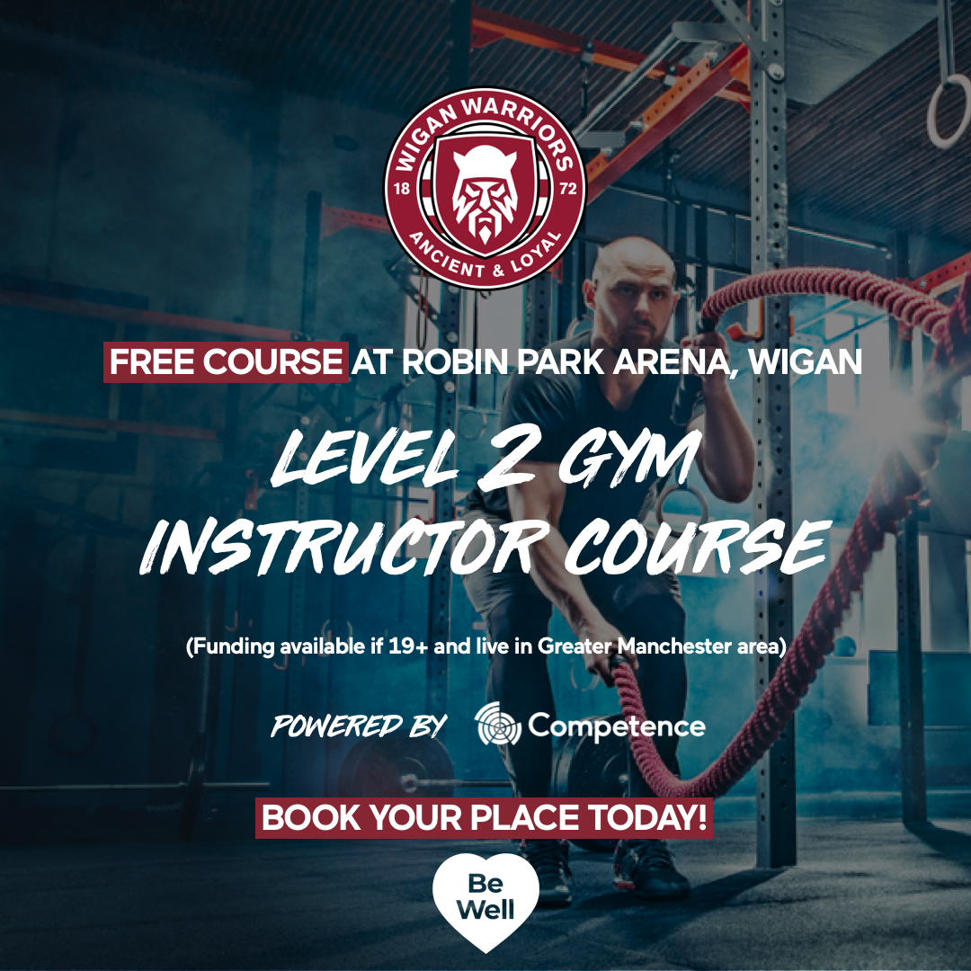 Kick start your career in fitness with @WiganWarriorsEd 🍒⚪ Earn a Level 2 Certificate in Gym Instructing with a FREE course at Robin Park Arena (ages 19+). To register your interest or find out more email mike.ward@wiganwarriors.com. Apply by 7 May.