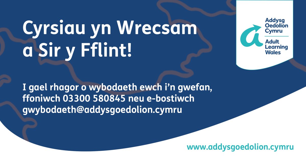 Cliciwch yma i weld ein cyrsiau cyfredol sydd ar gael yn Wrecsam a Sir y Fflint: ow.ly/WKMm50RjNkI #addysgoedolioncymru #gogleddcymru #cymru #Wrecsam #SiryFflint #cyrsiauoedolion #addysgoedolion