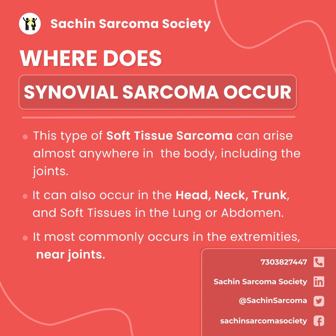 It’s important to be aware about sarcoma. Synovial sarcoma is a type of sarcoma. It can occur anywhere in body. It can occur in head, neck , trunk and soft tissues in the lung or abdomen. #sarcoma #awareness #cancer #synovialsarcoma #education