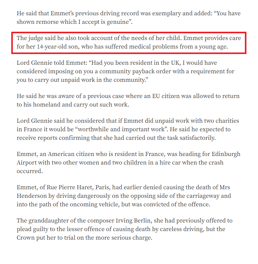 Due to her #USGovernment employment, @john1576 (like all of us) has no idea what goes on in the life of #AnneSacoolas

Only one of these incidents involved someone driving on the wrong side of the road.

Caroline Emmet was given a lesser sentence as she has to care for her son.