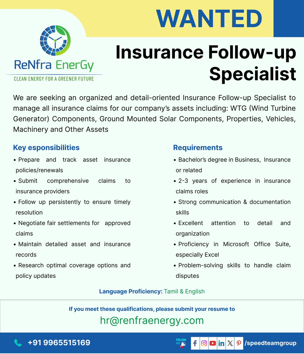 #JobOpening: Insurance Follow-up Specialist wanted to handle insurance claims for our wind, solar, and other company assets. Strong communication skills and attention to detail required. See image for full job description and apply now! #CareerOpportunity #InsuranceJobs