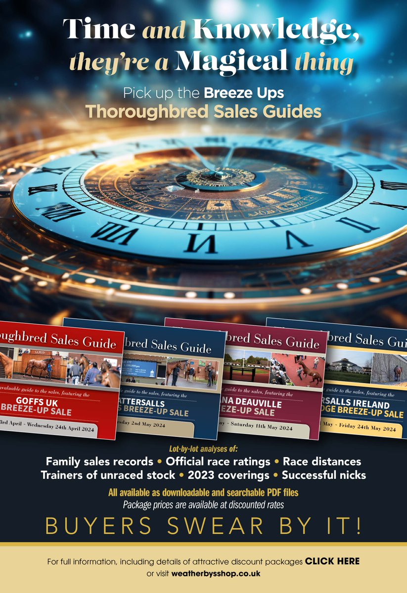 🚨 @weatherbysltd Breeze-Ups Thoroughbred Sales Guides - Buyers Swear By It 🚨 Lot-by-lot analyses of 👇 ✅ Family sales records ✅ Official race ratings ✅ 2023 coverings ✅ Successful nicks All available as downloadable & searchable PDF files Visit ⬇️ weatherbysshop.co.uk/collections/th…