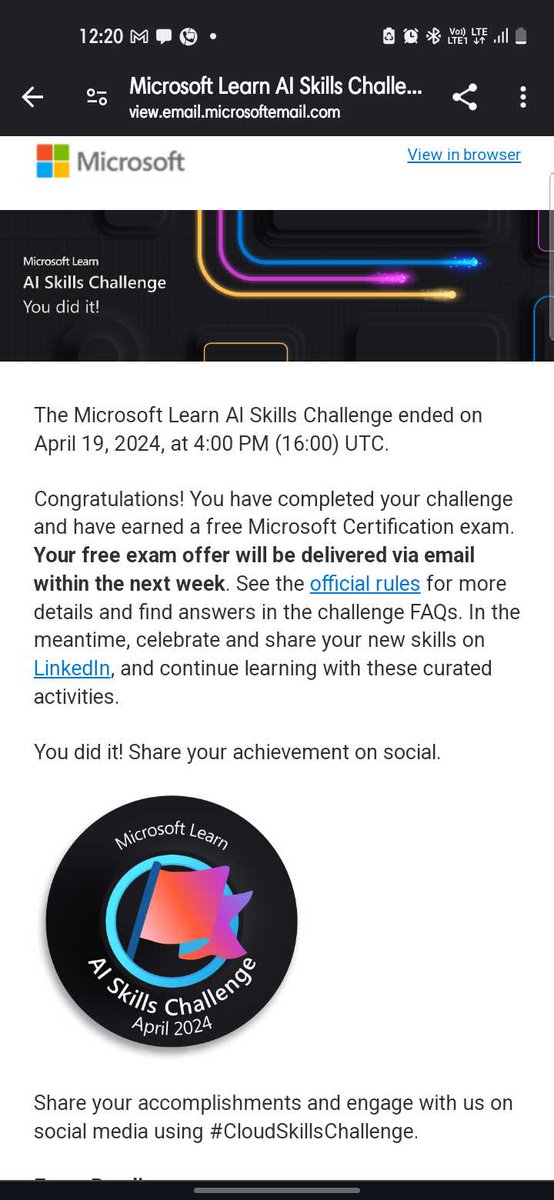 Thanks @MicrosoftLearn This was an Amazing challenge. And Microsoft has granted me to great opportunity to earn free Certification Exam Voucher. This was an Amazing opportunity to earn free Certification from Microsoft Learn❤️ 
#CloudSkillsChallenge