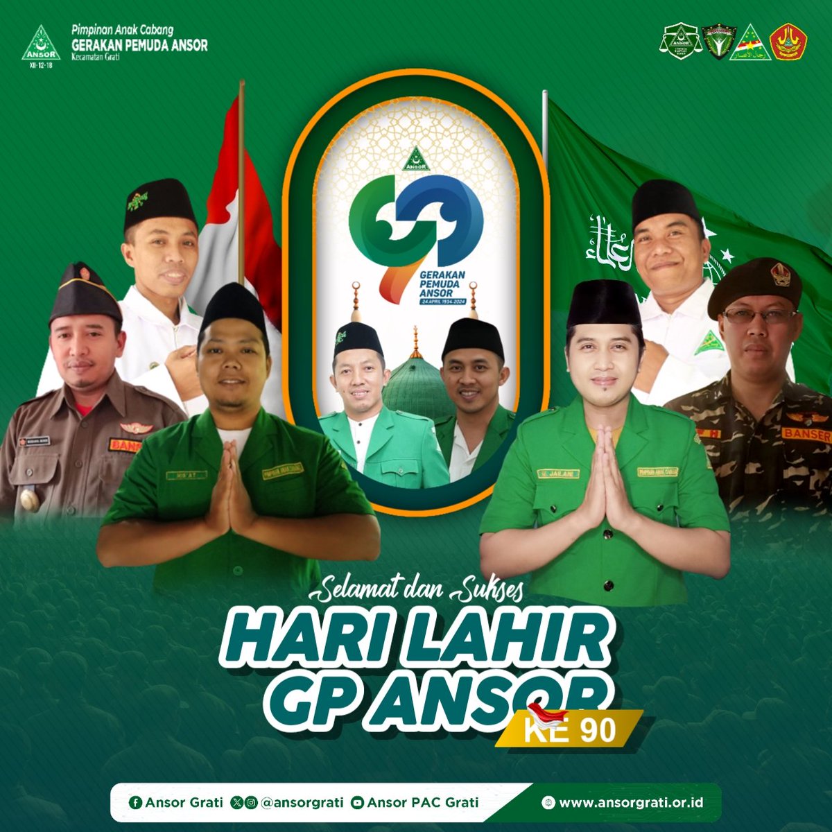 Kami Segenap Pimpinan Anak Cabang Gerakan Pemuda Ansor Kecamatan Grati Mengucapkan : Selamat dan Sukses Hari Lahir Gerakan Pemuda Ansor @gp.ansor yang ke 90 tahun 'Berkibar Tinggi Panji Gerakan, Mengawal Kemenangan Indonesia. ' 24 April 1934 - 2024 M. #HarlahGPAnsor90