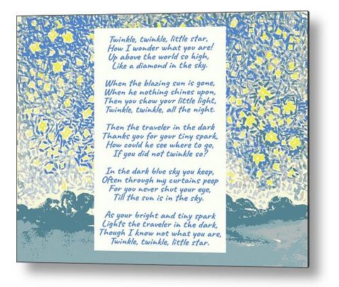 Twinkle, Twinkle, Little Star - Nursery Poetry Art. This image is on many items in my shop, get it at:
fineartamerica.com/featured/twink…
#MoonWoodsShop #DigitalArtist #wallartforsale #BuyIntoArt #FallForArt #AYearForArt #illustrationart #FillThatEmptyWall #spring #watercolor #literary