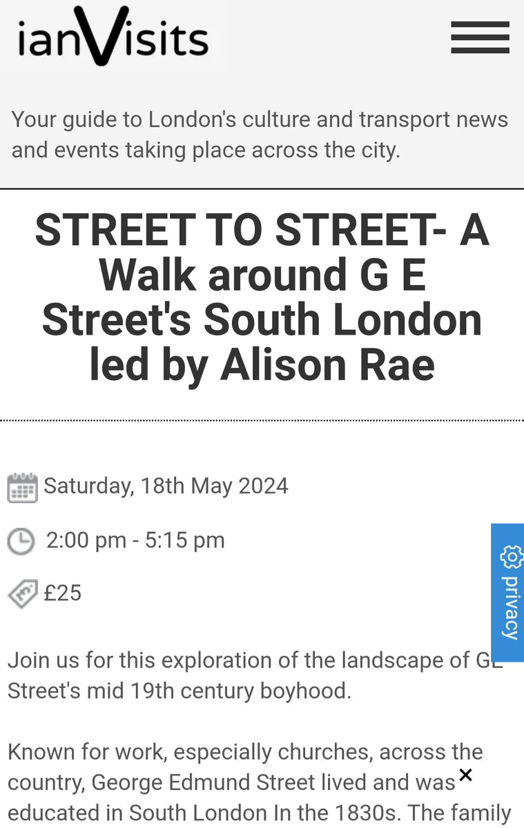 Listed on @ianvisits !
Marking 200 years since birth of the architect of the Law Courts, my tour for @thevicsoc in May exploring the South London of George Edmund Street. 
With Ruskin and 2 Gilbert Scotts along the way ... 

#GEStreet200