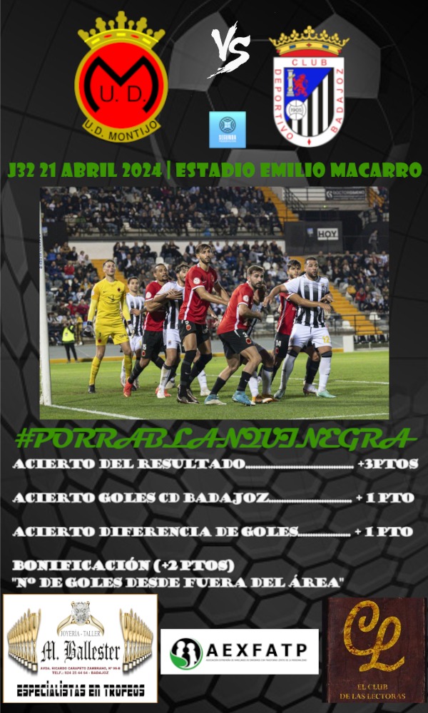 ⚠️NUEVA JORNADA⚠️
El equipo se enfrenta al último derbi fuera de casa de la temporada⚽🏟️
<a href="/UDMONTIJO/">Unión Deportiva Montijo</a> y <a href="/CDBadajoz/">CD Badajoz</a> en enfrentan en un duelo que puede ser mortal para los blanquinegros👀
Todo lo necesario en el cartel👇🏽
#PorraBlanquinegra ⚪⚫💪🏽