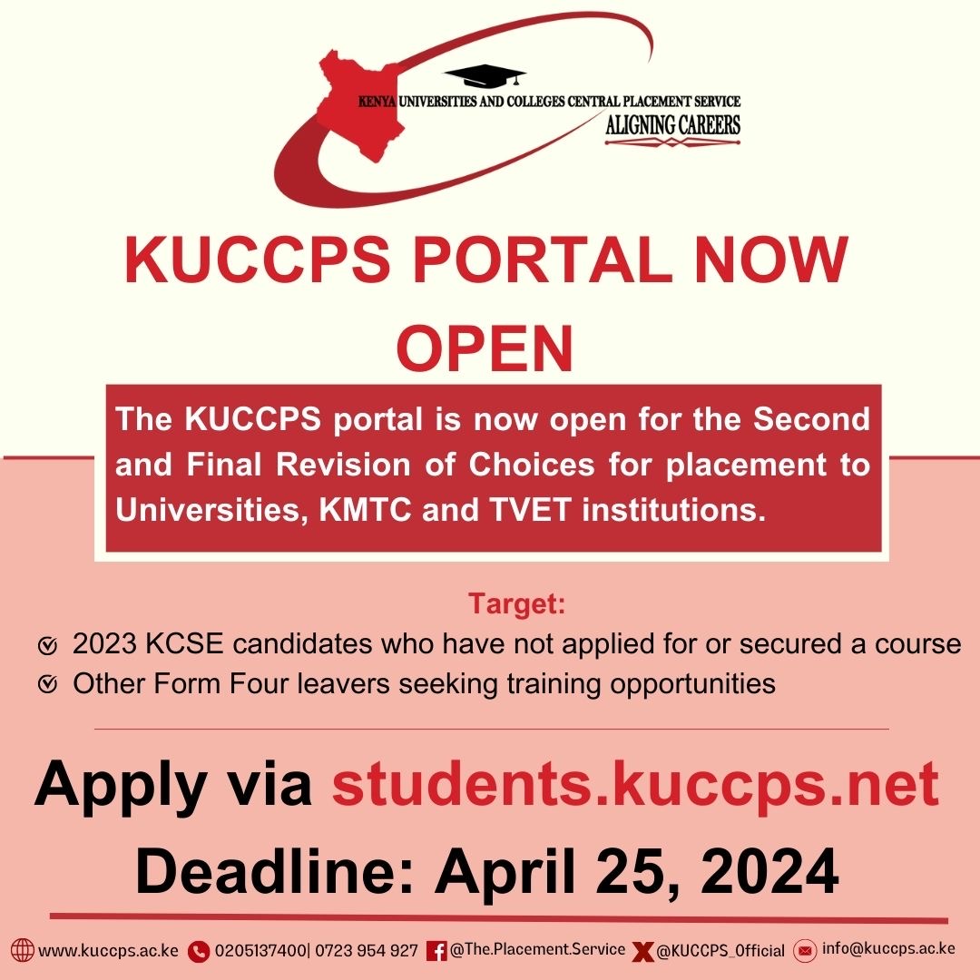 Second/Final Revision of Course Choices The @KUCCPS_Official Portal has re-opened for application to unfilled programmes in universities, TVET institutions and KMTC. This targets previous applicants who have not yet secured a course or those yet to submit their course…