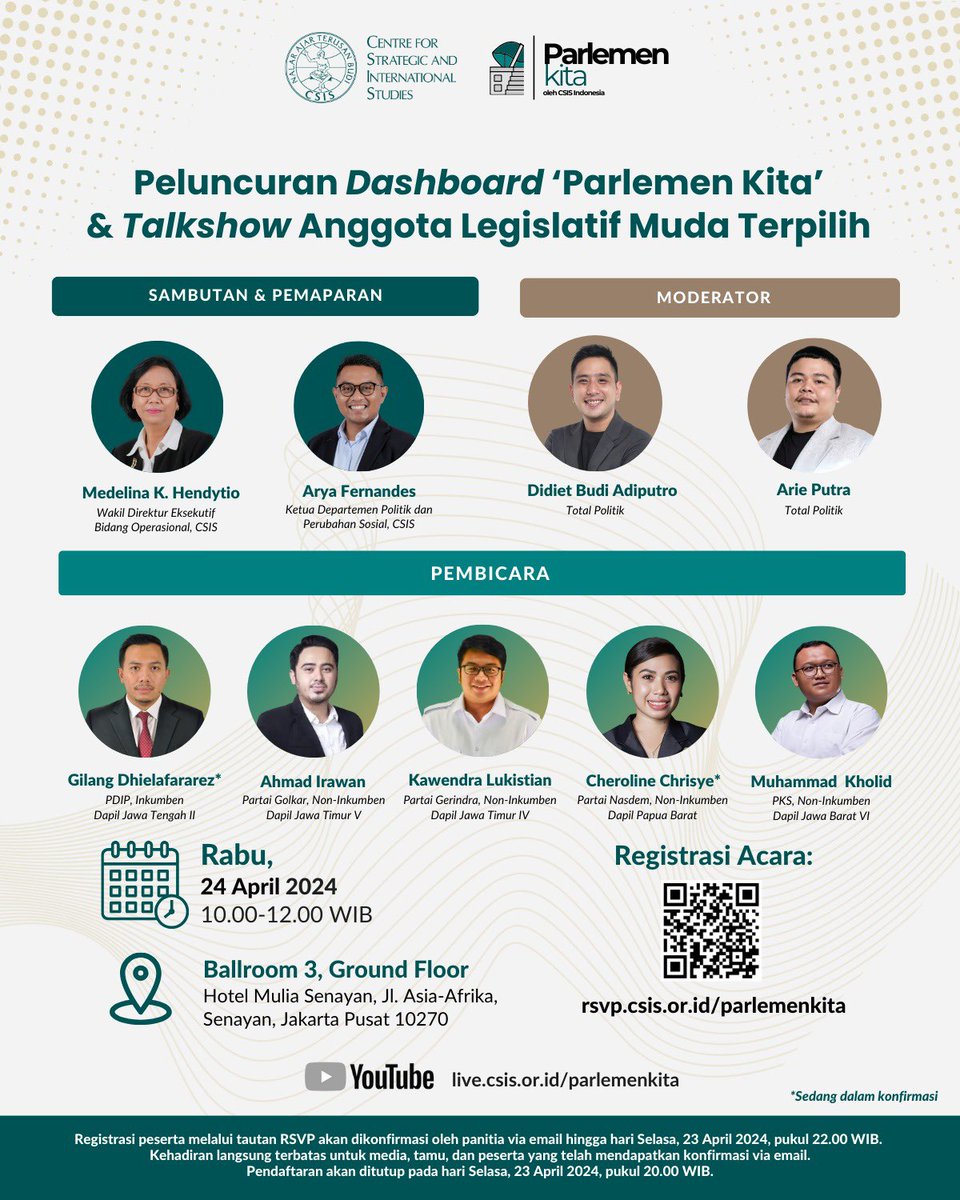 Teman2 X, CSIS <a href="/CSISIndonesia/">CSIS Indonesia</a> akan meluncurkan dashboard Parlemen Kita dan dialog dengan DPR muda terpilih. Silakan mendaftar utk hadir karena seat yg terbatas.