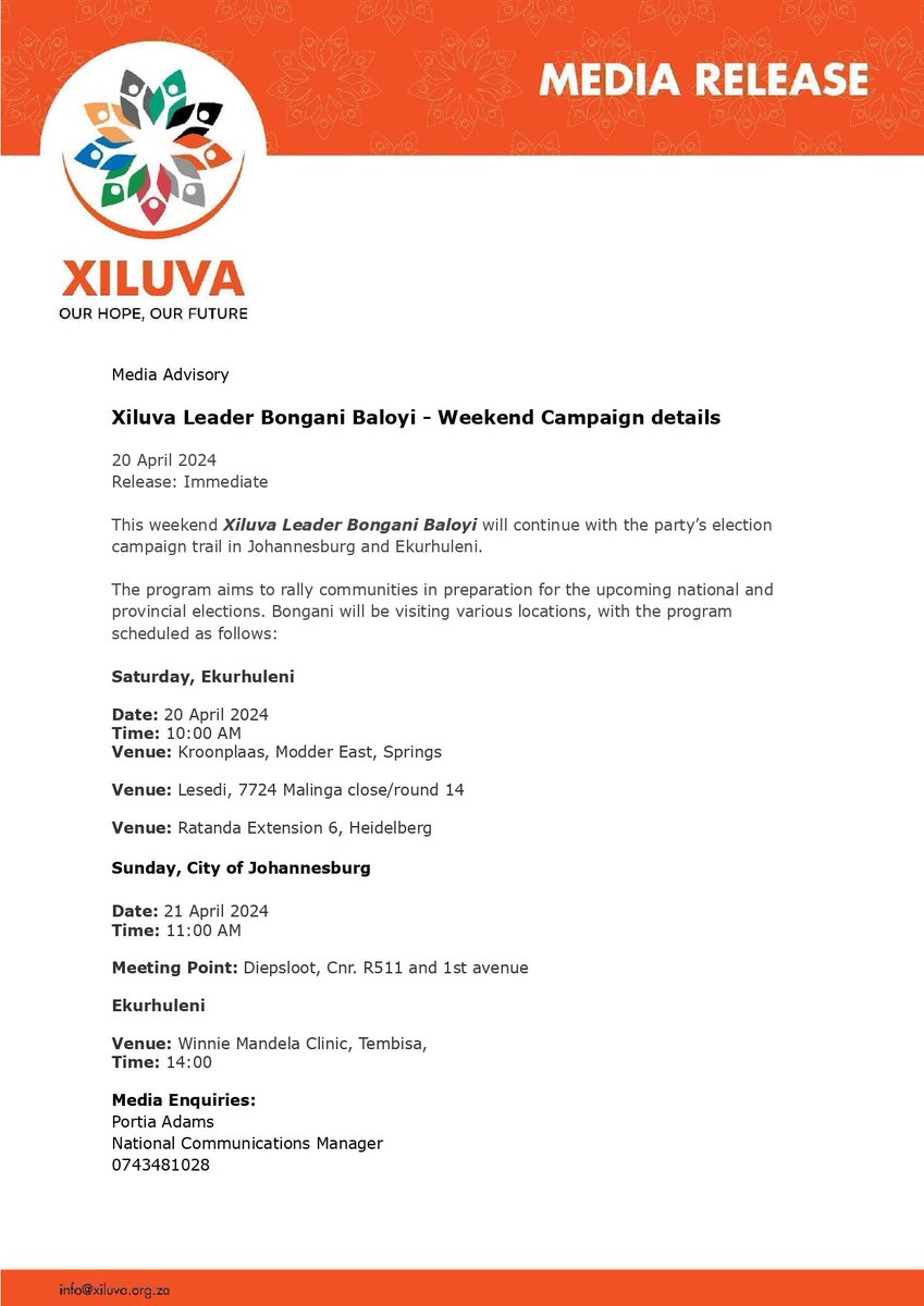 For Immediate Release 
Re: Xiluva Leader Bongani Baloyi - Weekend Campaign Details.

#Xiluva
#BonganiBaloyi
#OurHopeOurFuture
#WeAreXiluva
#VoteXiluva