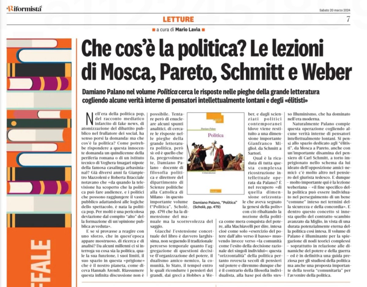 Sullo scaffale del nuovo #ilRiformista di @claudiovelardi, @mariolavia recensisce ‘Politica’ di @DamianoPalano.