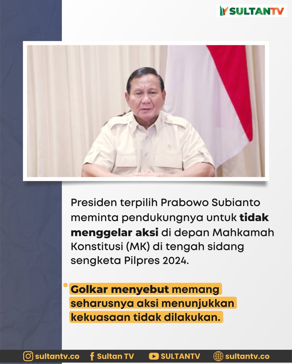 Presiden terpilih Prabowo Subianto meminta pendukungnya untuk tidak menggelar aksi di depan Mahkamah Konstitusi (MK) di tengah sidang sengketa Pilpres 2024. Golkar menyebut memang seharusnya aksi menunjukkan kekuasaan tidak dilakukan.

#prabowo #capres2024 #aksi #imbau