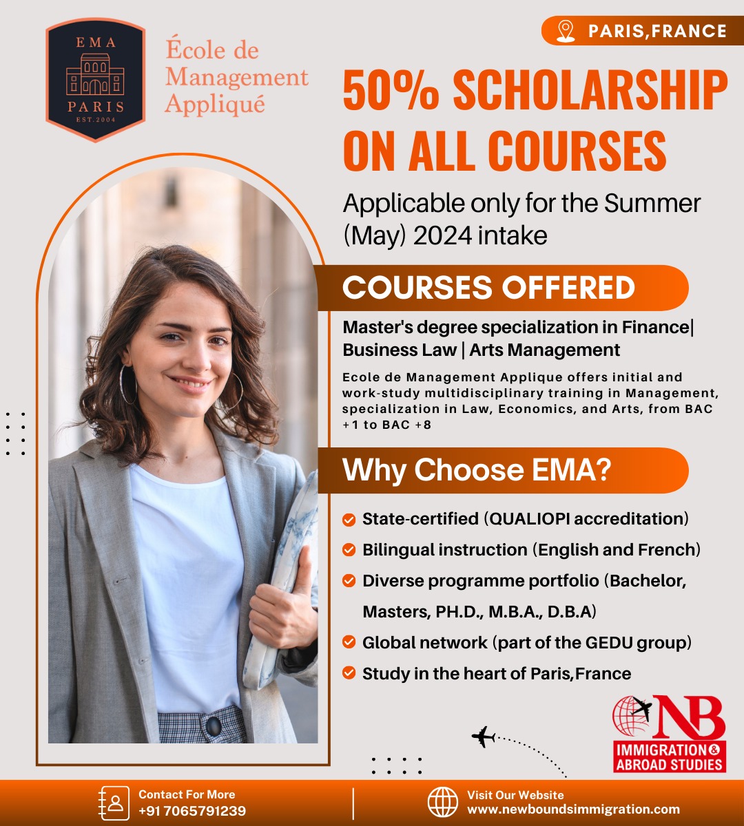 Unlock your academic potential with a 50% scholarship on all courses at Ecol de Management Applique, Canada! 🌟 DM us to learn more!

#newboundsimmigration #movetocanada #StudyAbroad #scholarships #ScholarshipChallenge #ScholarshipOpportunity #studyabroadlife #studyabroadjourney