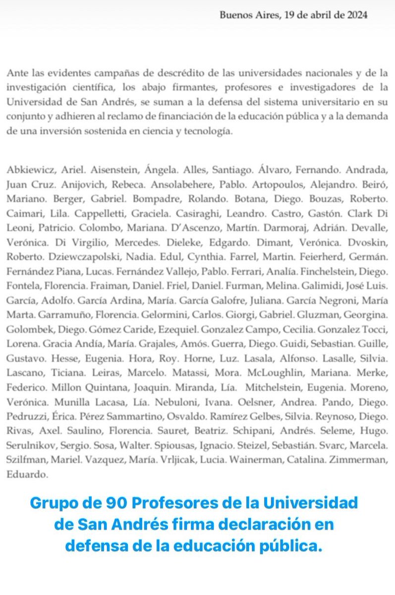 Con cerca de 90 profesoras/es de la Universidad de San Andrés firmamos esta declaración en defensa de la educación pública y de la inversión sostenida en ciencia y tecnología en Argentina: