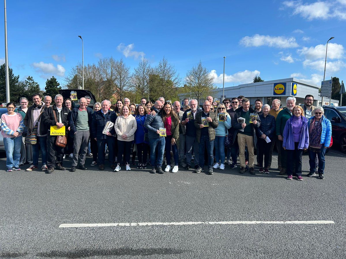 The sun’s out, and so are Alliance activists in Lisburn today supporting @SorchaEastwood as the next MP for the area ☀️ If you want to get involved and help make history in securing positive, progressive representation for Lagan Valley, see: allianceparty.org/become_a_member