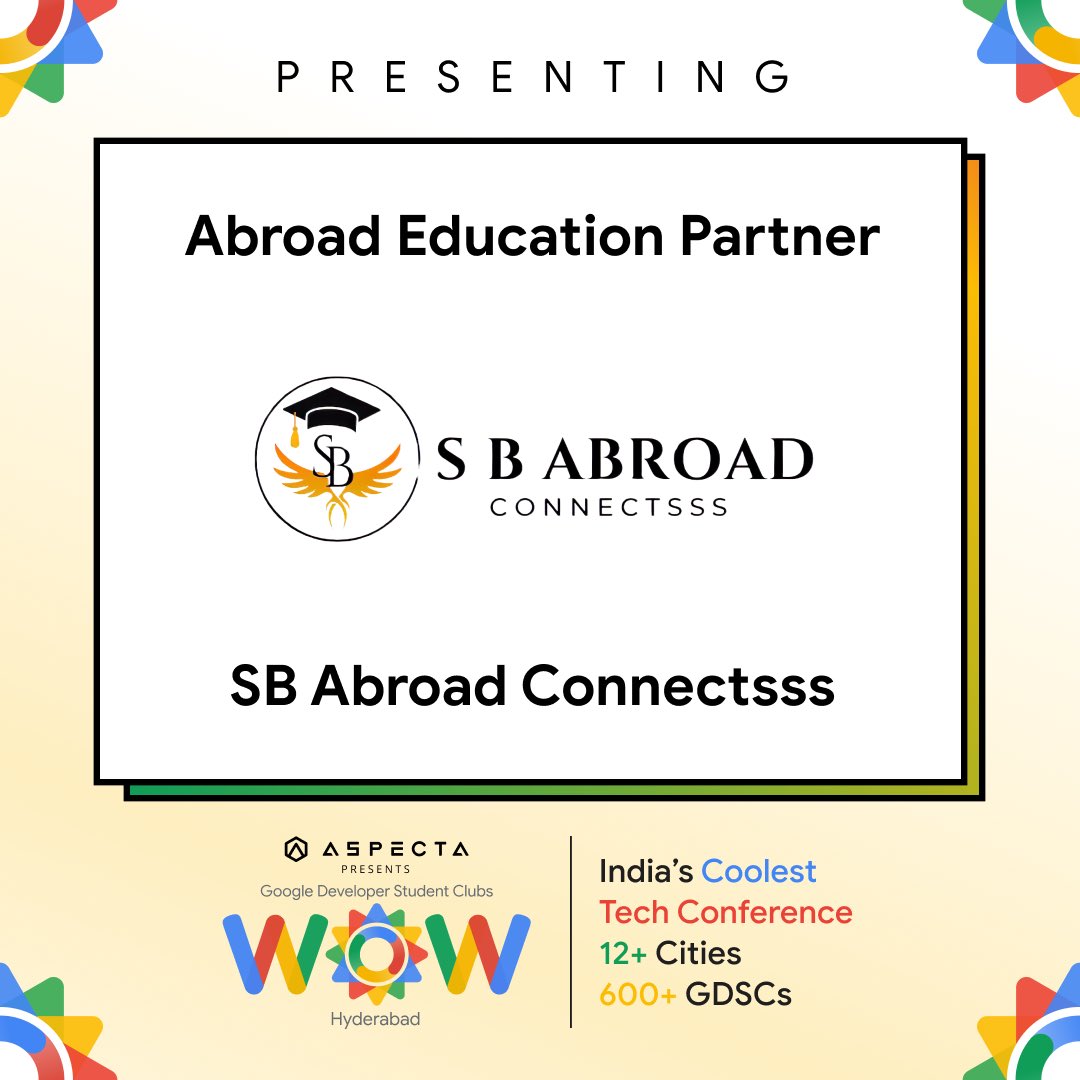 GDSC WoW Hyderabad (@gdsc_wow_hyd) on Twitter photo We are excited to announce <a href="/s_b_ab_connects/">Sai Charan Bajjuri</a> as our Abroad Education Partner.
Together, we aim to enhance your experience at GDSC WoW Hyderabad 2024!!
#tech #education We are excited to announce <a href="/s_b_ab_connects/">Sai Charan Bajjuri</a> as our Abroad Education Partner.
Together, we aim to enhance your experience at GDSC WoW Hyderabad 2024!!
#tech #education
