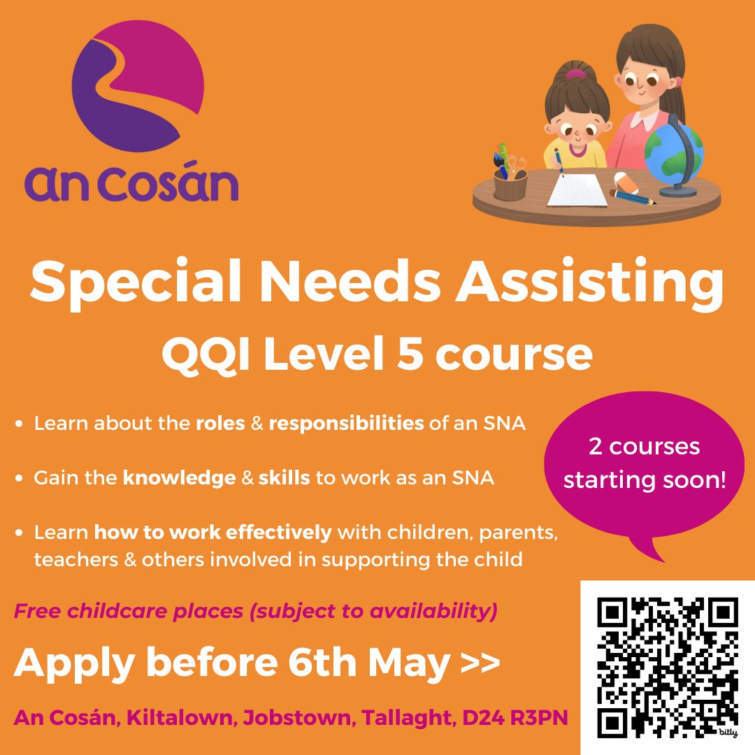 Would you like to become a Special Needs Assistant (SNA)? Perhaps you are already working as one? Either way, one of our upcoming courses may be of interest to you! Apply before 6th May > bit.ly/FurtherEdForm #SpecialNeedsAssisting #SpecialNeeds #LifelongLearning #Tallaght