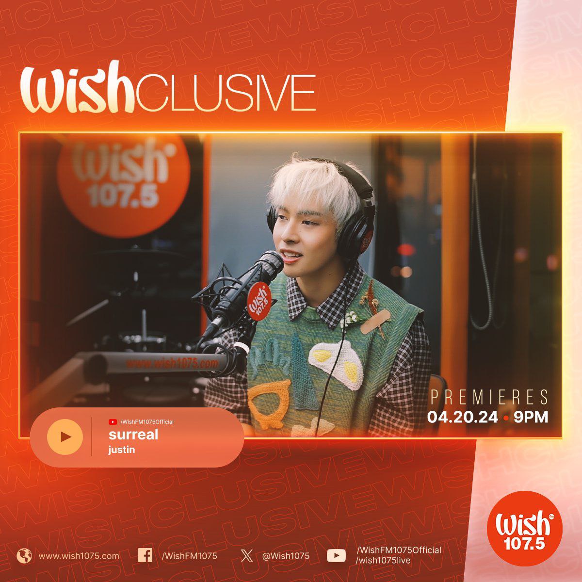 [ TAG UPDATE ] Let's all swing each other's hands in rhythm as we watch Justin's Wishclusive performance to his debut single 'surreal'! 🌱 Catch it tonight at 9 PM on @wish1075's YT channel! UPDATED TAGS: JustinSurreal WishPerformance @justintdedios #justin #SURREALonWishBus