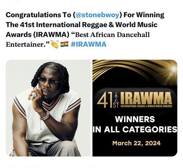 @crazy_and_evil @10trillionboy @stonebwoy Learn and stop fooling okay 👍 He is the only Ghanaian Artist with dancehall award at Irawma