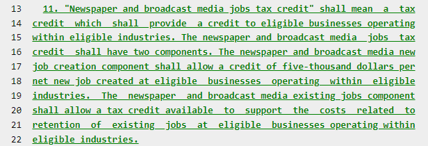 Something of a surprise in the NY state budget: It includes a tax credit for newspapers and broadcast media for new jobs.