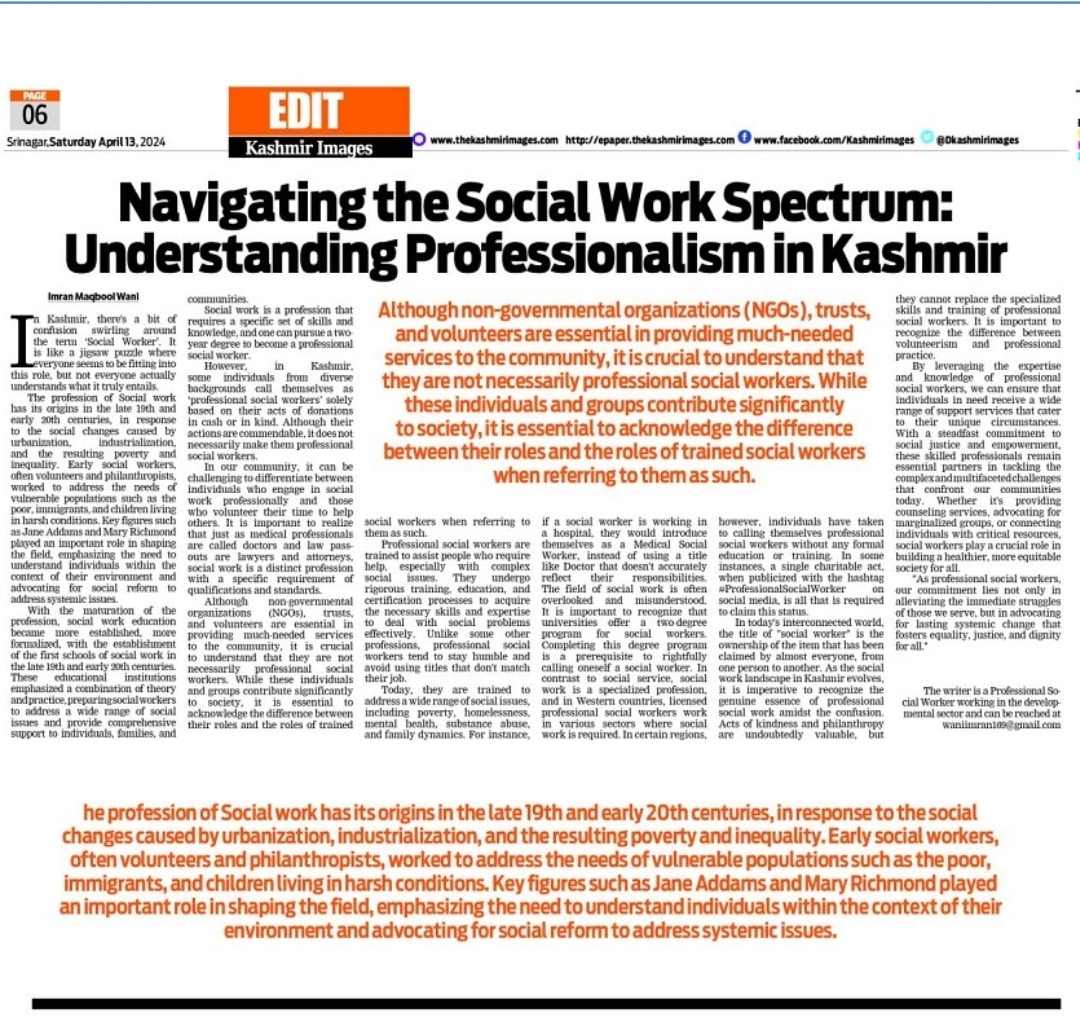 wanispeak's tweet photo. Navigating the SW Spectrum: Understanding Professionalism in Kmr. In Kashmir, there's a bit of confusion swirling around the term "Social Worker" It's like a jigsaw puzzle where everyone seems to be fitting into this role, but not everyone might understand what it truly entails. https://t.co/fkzQ9DNCWn