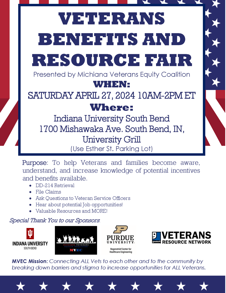 Mark your calendars! The benefits & resource fair for veterans is a week away.  Get help with DD-214 retrieval, file claims, meet VSOs, & explore job opportunities. Don't miss out! #IndianaVeterans