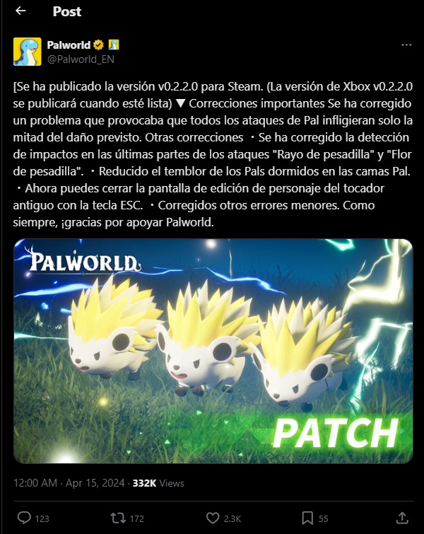 Palworld ya saco su siguiente parche y pues aun no esta la de xbox pero acá les dejo la noticia en español :D
#Palworld #NoticiaEnDesarrollo #juegosdivertidos