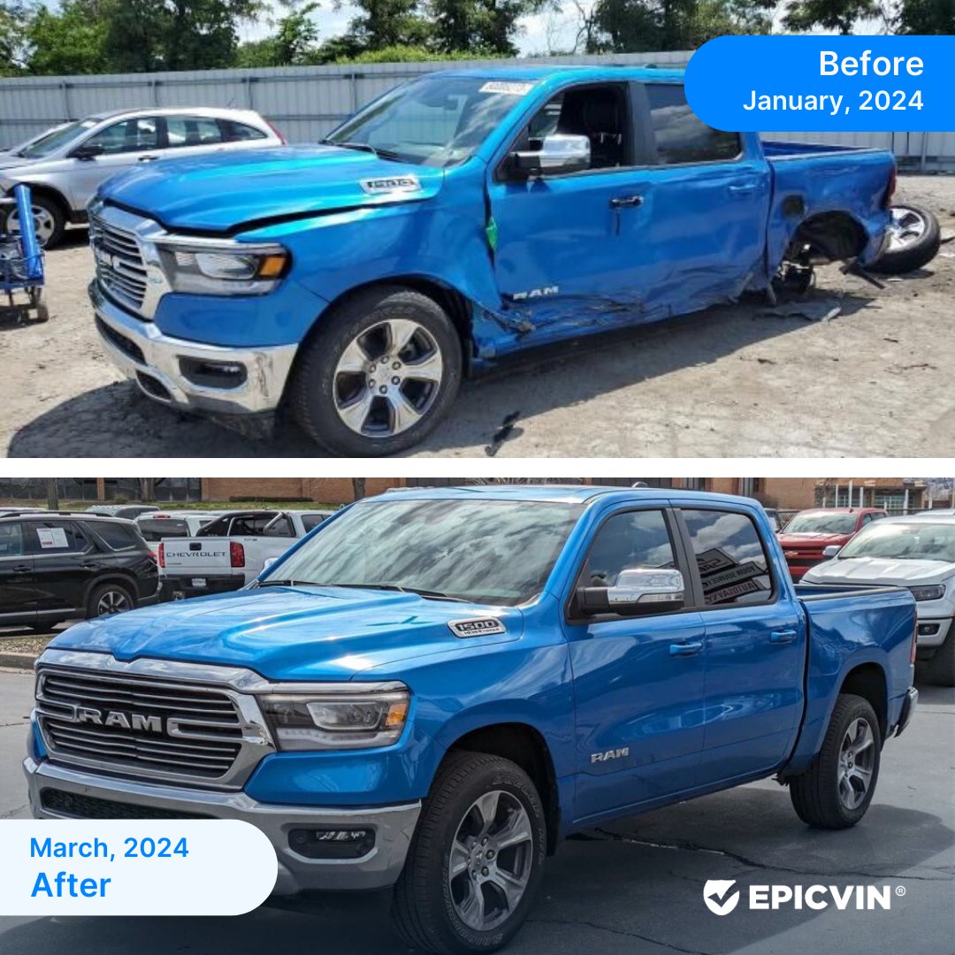 See how this RAM 1500 transformed from its January 2024 auction origins to a sought-after March 2024 dealership gem. Don’t judge by appearances; let an EpicVIN report unveil the full saga #EpicVIN #RAM #RAM1500 #CarAuctions #SalvageCars #AutoAuction #AutoDealerUSA #Copart #IAAI