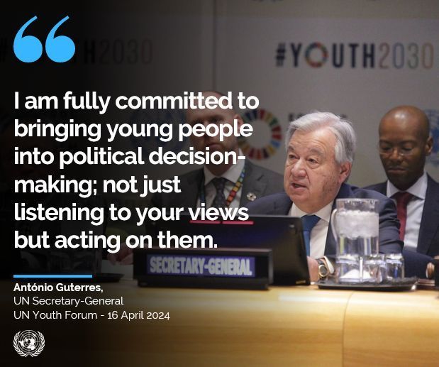 #Youth2030 Forum: @antonioguterres saluted youth for being on the frontlines for bold #ClimateAction. He urged govts to adopt strong policies to accelerate the shift to clean energy & create new national climate plans aligned w/ limiting 🌐warming to 1.5°C buff.ly/4aAYqwM